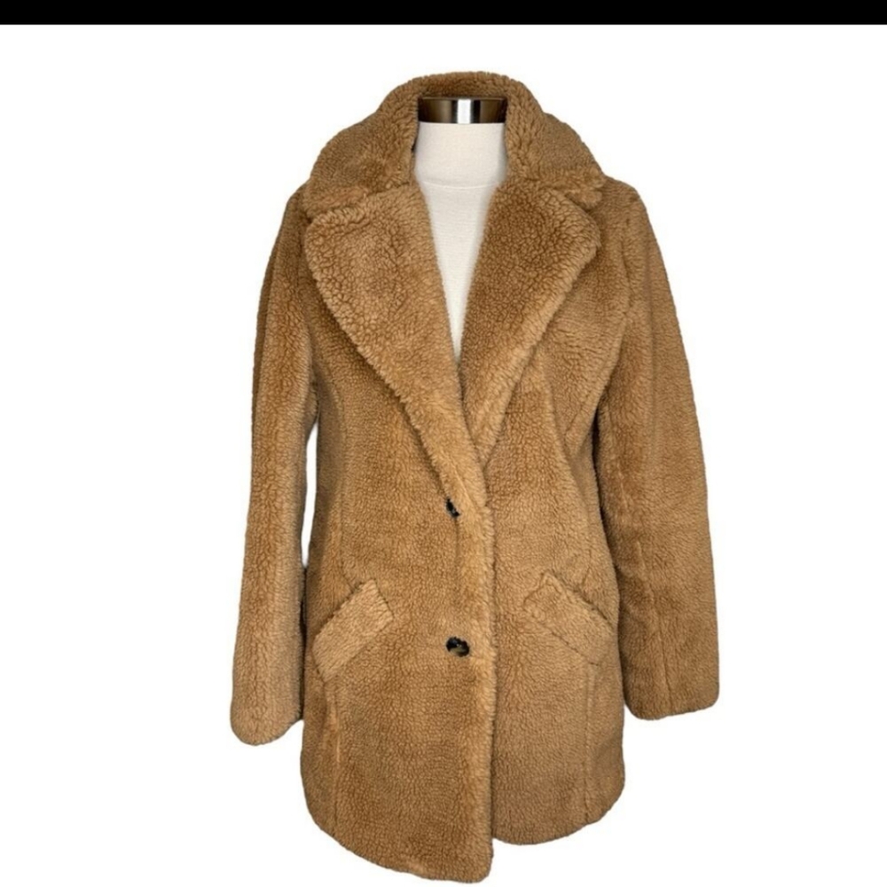 Sebby Faux Fur Button Front Teddy Coat Jacket Womens Large Light Nutmeg
